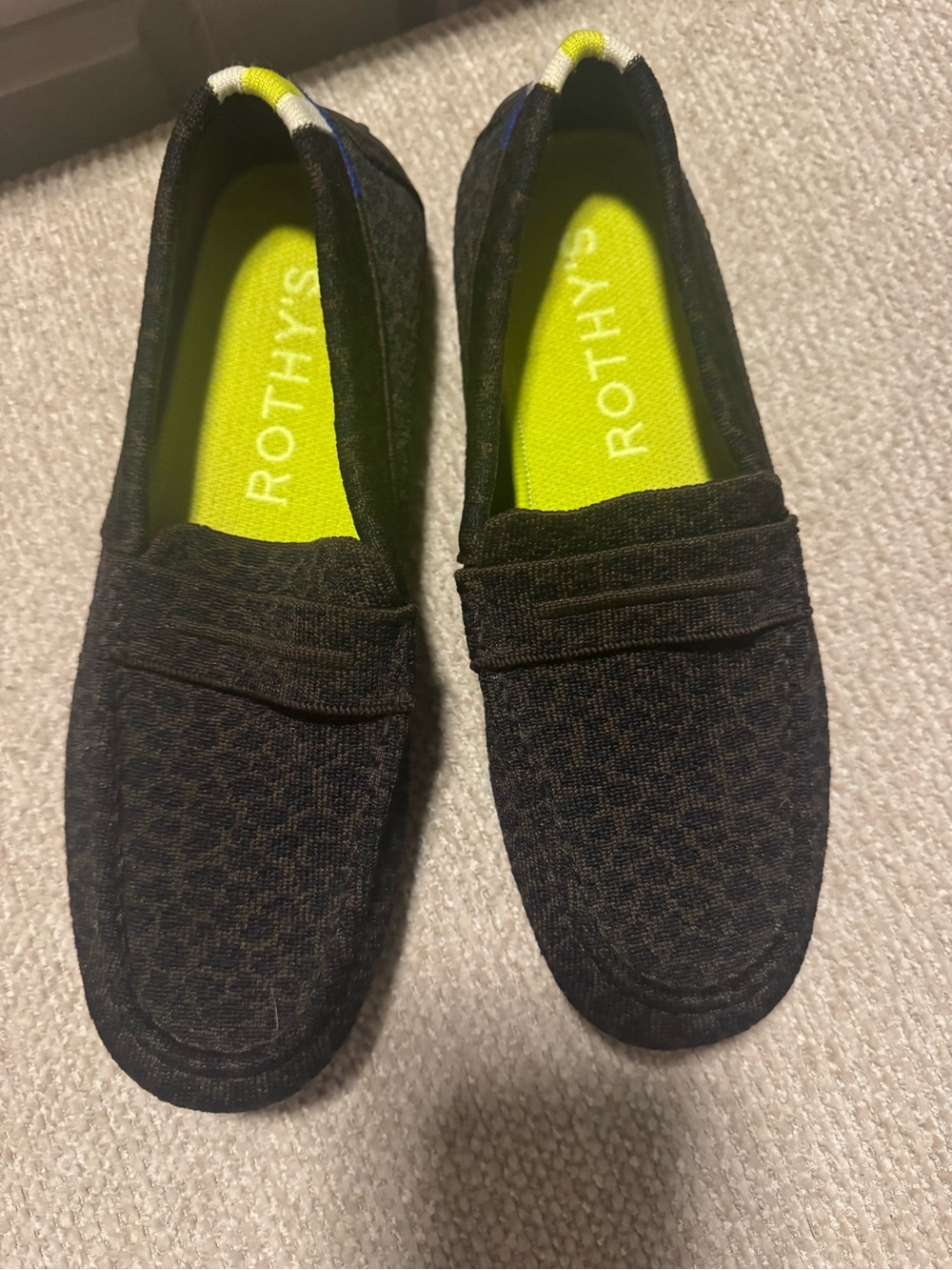 Rothy's Black Knit Animal Print  Loafers with Neon Lime Insoles 8.5